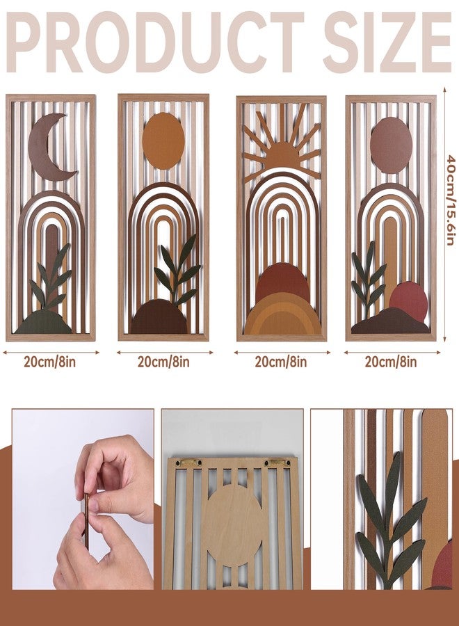suruim Boho Wall Art Set of 4, Terracotta Wall Decor & Burnt Orange Bedroom Decor, Orange Modern Wall Art with Arch/Botanical Design - Mid-Century 3D Wooden Abstract Geometric Artwork for Home Living Room Office(C) - Image 3